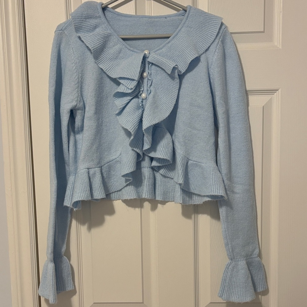 Elegant Blue Ruffled Sweater